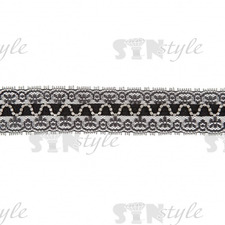 Кружево с отделкой, на кружевной основе черная полоса со стразами зигзагообразной формы по всей длине изделия, ширина 40 мм, намотка 15 ярдов, цвет черный  фото 1