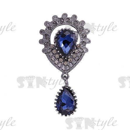 Брошь с подвеской, застежка булавка, цвет темный никель+синие стразы, размер 28х54 мм фото 1