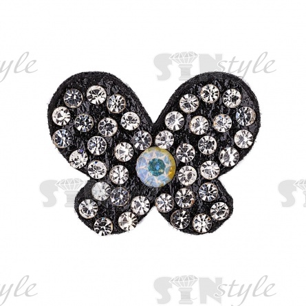 Аппликация "Бабочка" из страз, на фетровой основе, размер 23 мм х 18 мм, цвет черный + белые и радужные стразы фото 1
