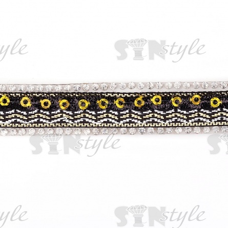 Лента декоративная с пайетками и стразами на термоклеевой основе, цвет черный+золотой, ширина 15 мм, намотка 10 ярдов фото 1