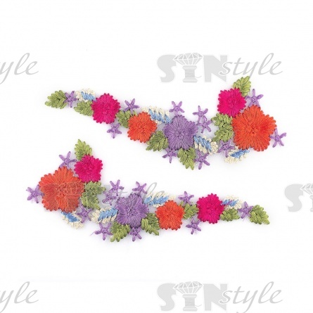 Вышитая аппликация на белой сетке, с разноцветными цветами, 80х220 мм фото 1