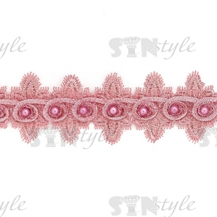 Кружево ажурное с отделкой,  на нежной ажурной основе россыпь бутонов розочек с бусиной в середине цветка, ширина 45 мм, намотка 15 ярдов, цвет старо-розовый  фото 2