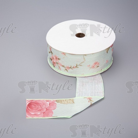 Декоративная лента с цветочным принтом, цвет мятный,  ширина 40 мм, намотка 20 ярдов фото 1