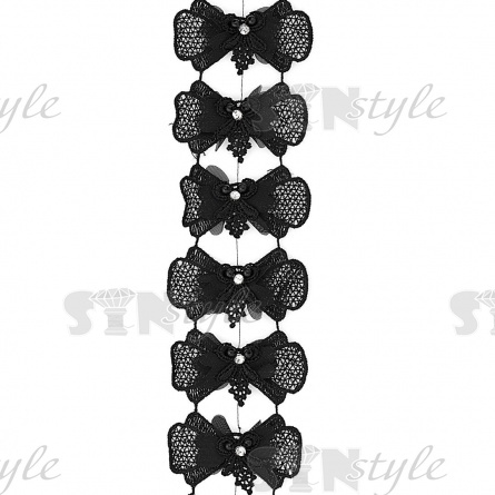 Нежное ажурное кружево из бантиков, декорированное белыми стразами и бусинами в цвет кружева, ширина 75 мм, цвет розовый, намотка 10 ярдов фото 2