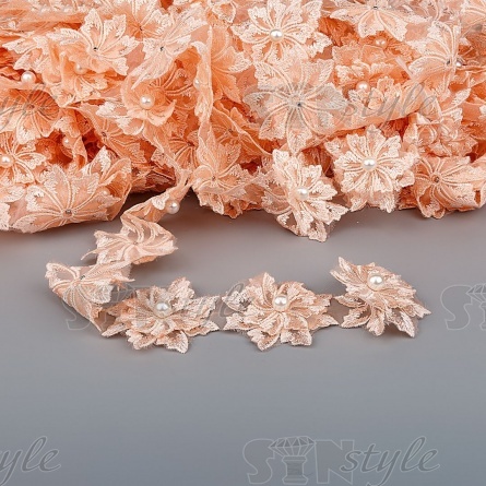 Кружево "Цветочки" украшено бусиной, на капроновой ленте, ширина 55 мм, цвет персиковый, намотка 20 ярдов фото 1