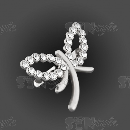 Брошь металлическая, крепление усики, размер 32 мм х 23 мм, цвет серебряный+белые стразы фото 2