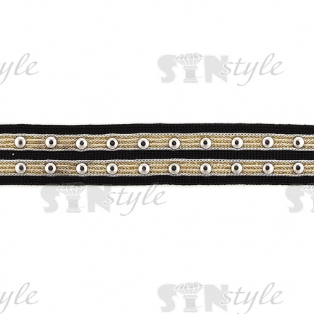 Декоративная тесьма с люрексом и клепками, цвет черный+золото+серебро, ширина 25 мм, намотка 15 ярдов фото 2