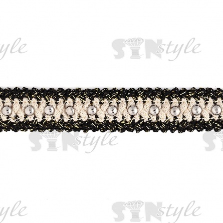 Тесьма букле, черно-белая с люрексом, отделана заклепками цвета никель, ширина 20 мм, намотка 15 ярдов фото 2