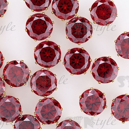 Стразы пришивные стеклянные в цапах, форма круг, цвет золото+бордовый, диаметр 12 мм фото 3