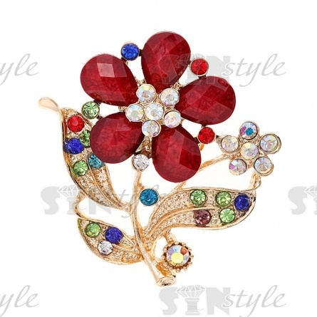 Брошь со стразами "Цветок", размер 48х52 мм, цвет бронза+стразы цветные, застежка булавка фото 1