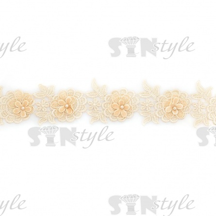 Кружево Цветочное, воздушная цветочная гирлянда с бусиной в центре цветка, намотка 10 ярдов, ширина 65 мм, цвет светло-бежевый фото 2