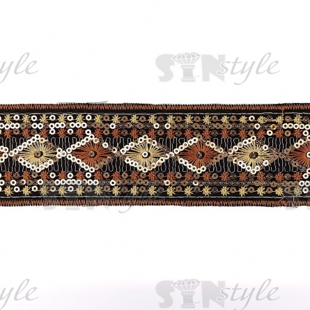 Тесьма отделочная на сетке, расшитая пайетками, цвет черный+золотой+коричневый, ширина 50 мм, намотка 10 ярдов  фото 2