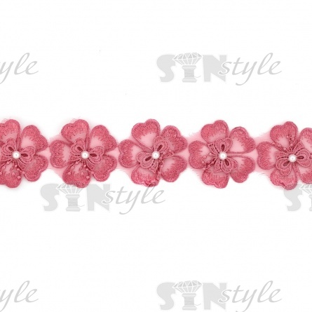 Кружево "Цветочки", нежная объемная цветочная гирлянда с бусиной белого цвета, на капроновой ленте, ширина 55 мм, цвет старо-розовый, намотка 20 ярдов фото 2