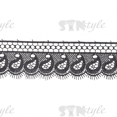 Кружево ажурное с "огуречным" орнаментом и ресничками по фестончатомы краю, ширина 75 мм, цвет черный, намотка 15 ярдов фото 1