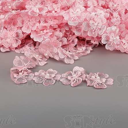 Кружево "Цветочки" украшено бусиной белого цвета, на капроновой ленте, ширина 55 мм, цвет розовый, намотка 20 ярдов фото 1