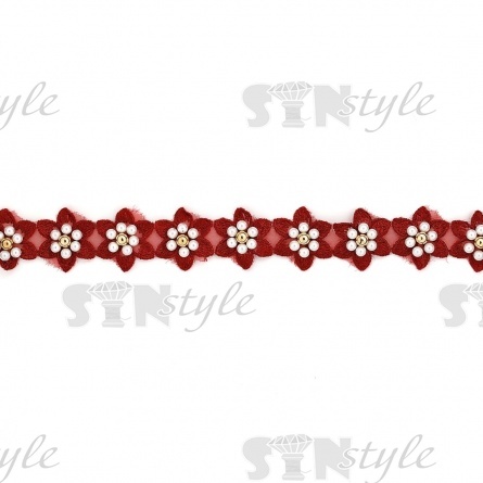 Кружево "Цветочки" украшено бусинами контрастного цвета, на капроновой ленте, ширина 30 мм, цвет бордовый, намотка 20 ярдов фото 2