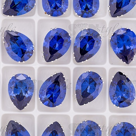 Стразы пришивные стеклянные в цапах, форма капля, цвет серебро+синий, размер 9*14мм фото 4