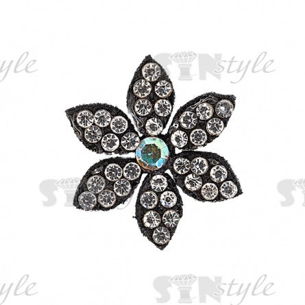 Аппликация "Цветочек" из страз, на фетровой основе, размер 22 мм, цвет черный + белые и радужные стразы фото 1