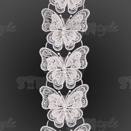 Кружево "Бабочки" на капроновой ленте, ширина 70 мм, цвет белый #7+бусины белые, намотка 20 ярдов фото 1