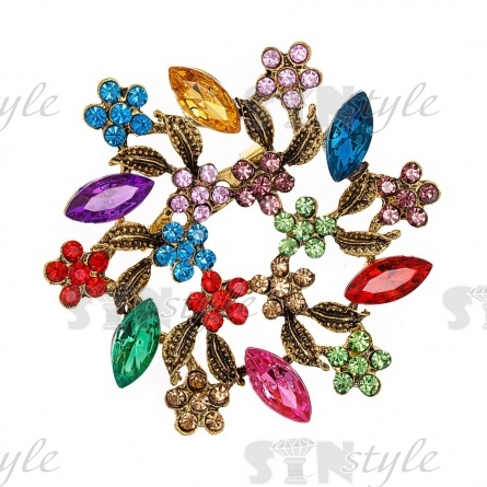 Брошь со стразами, размер 62 мм, цвет бронза+цветные стразы, застежка булавка фото 1