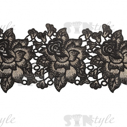 Кружево ажурное, нежная цветочная гирлянда с резными краями, ширина 130 мм, цвет черный+золото, намотка 10 ярдов фото 1