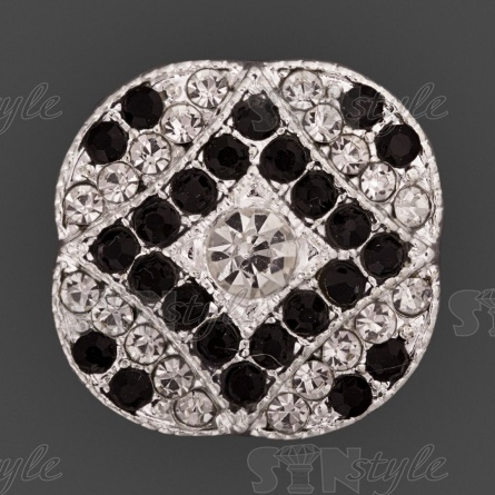 Пуговица металлическая на ножке, диаметр 22 мм, цвет серебряный+белые и черные стразы  фото 1