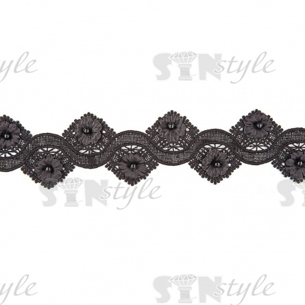 Кружево ажурное с отделкой, нежнейшее тонкое переплетение гирлянды с цветочными мотивами с бусиной в центре цветка в интересной зигзагообразной форме, ширина 45 мм, намотка 15 ярдов, цвет черный фото 1