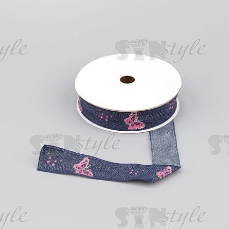 Джинсовая лента с бабочками красного цвета, ширина 25 мм, намотка 20 ярдов фото 1