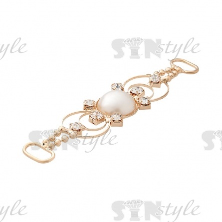 Декоративное украшение пришивное металлическое, цвет золото+белые бусины/белые стразы, размер 73*15 мм фото 2