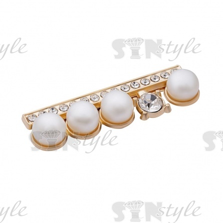 Брошь металлическая, крепление усики, цвет золотой + белая страза и бусины, размер 38х11 мм фото 2