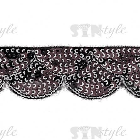 Декоративная тесьма на черной сетке, расшитая черными и серебряными пайетками, ширина 35 мм, намотка 20 ярдов фото 1