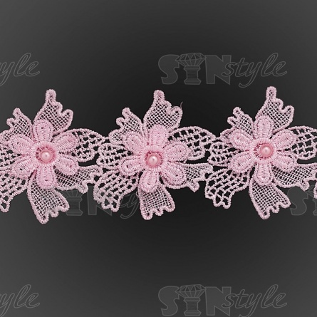 Кружево Цветочное, на ажурной кружевной основе нежная цветочная гирлянда с бусиной в центре цветка, намотка 10 ярдов, размер 65 мм, цвет розовый  фото 2