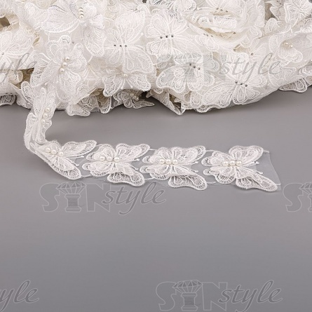 Кружево "Бабочки" на капроновой ленте, ширина 70 мм, цвет белый #7+бусины белые, намотка 20 ярдов фото 2