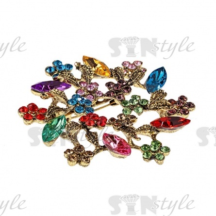 Брошь со стразами, размер 62 мм, цвет бронза+цветные стразы, застежка булавка фото 2