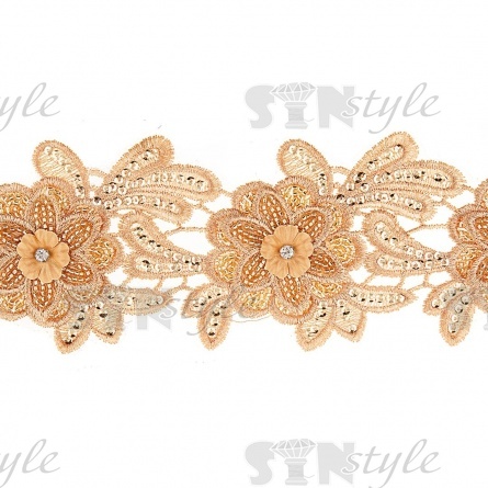 Кружево 3D на сетке с цветочным орнаментом, расшитое микробисером, пайетками и стразами, ширина 100 мм, цвет золотой, намотка 10 ярдов фото 1