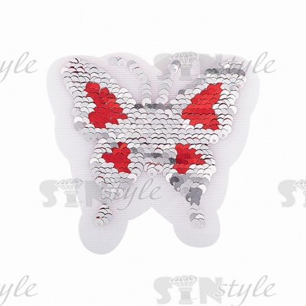 Аппликация на сетке из пайеток "Бабочка", размер 90 х 85 мм, цвет красный+серебряный, рулон 82 шт. фото 3