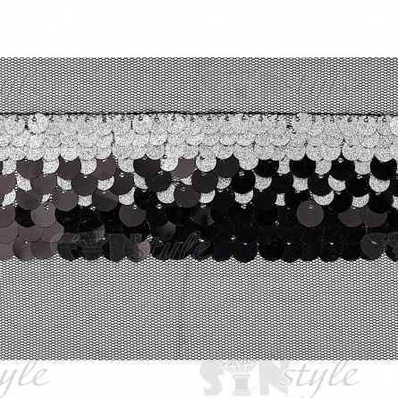 Тесьма из пайеток на сетке, цвет черный+серебряный, ширина 45 мм, намотка 16 ярдов  фото 1