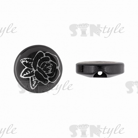 Пуговица пластиковая на полуножке, размер 20L, цвет черный, на шляпке серебряный принт в виде розы фото 1