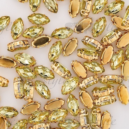 Стразы пришивные акриловые в цапах, форма лодочка, цвет золото+желто-зеленый, размер 5х10 мм, 200 шт/уп. фото 3