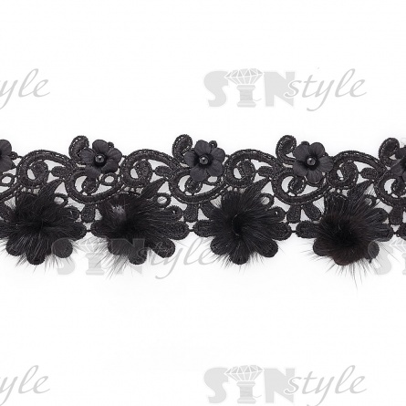 Ажурное кружево с натуральным мехом, цветами и бусинами в цвет кружева, ширина 60 мм, намотка 10 ярдов, цвет черный фото 1
