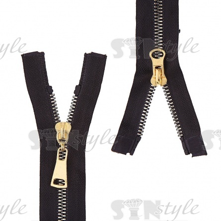 Молния трактор, тип 5, разъемная, двухзамковая, основа нейлон, длина 90 см, цвет 322 (черный), звенья металлизированные, цвет золотистый, бегунок золото фото 1