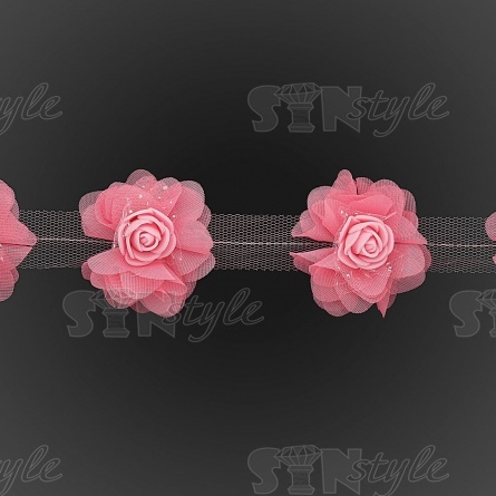 Кружево "Цветочки" на капроновой ленте, нежная цветочная гирлянда из объемных цветов, ширина 60 мм, цвет розовый (107), намотка 10 ярдов фото 3