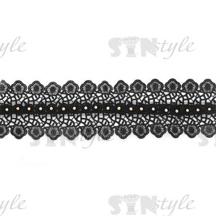 Кружево ажурное, дополненное скрученной капроновой лентой и золотыми бусинами, ширина 87 мм, намотка 15 ярдов, цвет черный фото 1