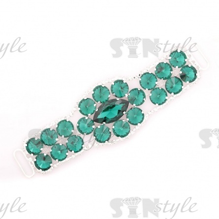 Декоративное украшение пришивное металлическое, цвет никель+зеленые стразы, размер 160*50 мм фото 1