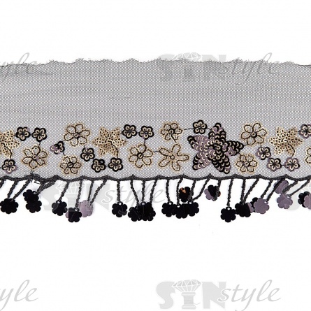 Декоративная тесьма на сетке, расшитая пайетками, ширина 70 мм, цвет черный+золотой, намотка 16 ярдов  фото 2