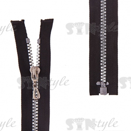 Молния трактор, тип 5, разъемная, основа нейлон, длина 60 см, цвет 322 (черный), звенья металлизированные, цвет серебристый, бегунок никель фото 1