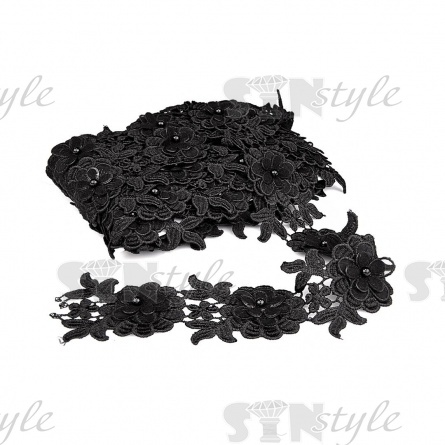 Кружево Цветочное, воздушная цветочная гирлянда в обрамлении ажурных листиков, намотка 10 ярдов, ширина 65 мм, цвет черный фото 1