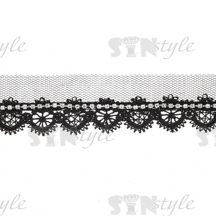 Кружево ажурное со стразами, ширина 30 мм, цвет черный, стразы белые, намотка 15 ярдов  фото 1