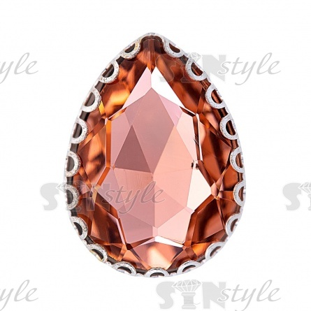 Стразы пришивные, стеклянные в оправе, форма капля, цвет серебро+персик, размер 10х14 мм фото 1