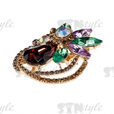 Брошь со стразами, размер 35х42 мм, цвет золото+цветные стразы, застежка булавка фото 2